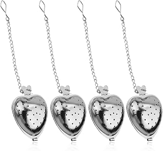4 Colini da tè in Acciaio Inossidabile a Forma di Cuore,Lnfusore per Tisane,Tisaniera,infusore tè,Filtro Te Infusione,Filtro Re,Colino da tè, Colino da tè a Forma di Cuore con Catena