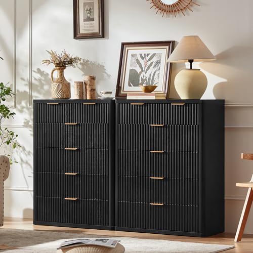 Image of LEYAOYAO Fluted 6 Drawers Dresser for Bedroom, 42 inch Tall Modern Chest of Drawers with Metal Handle, Curved Profile Design,Black Wood Drawer Organizer for Bedroom, Living Room, Hallway, Entryway
