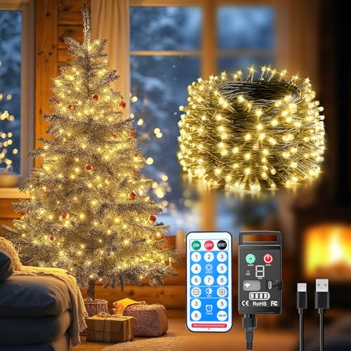 Guijiyi Luci Albero di Natale, 10M 100 LED Luci Natalizie da Esterno ed Interno a Batteria Ricaricabile, 8 Modalità con Funzione Memoria e Telecomando Catena Luminosa per Giardino Balcone Casa Festa