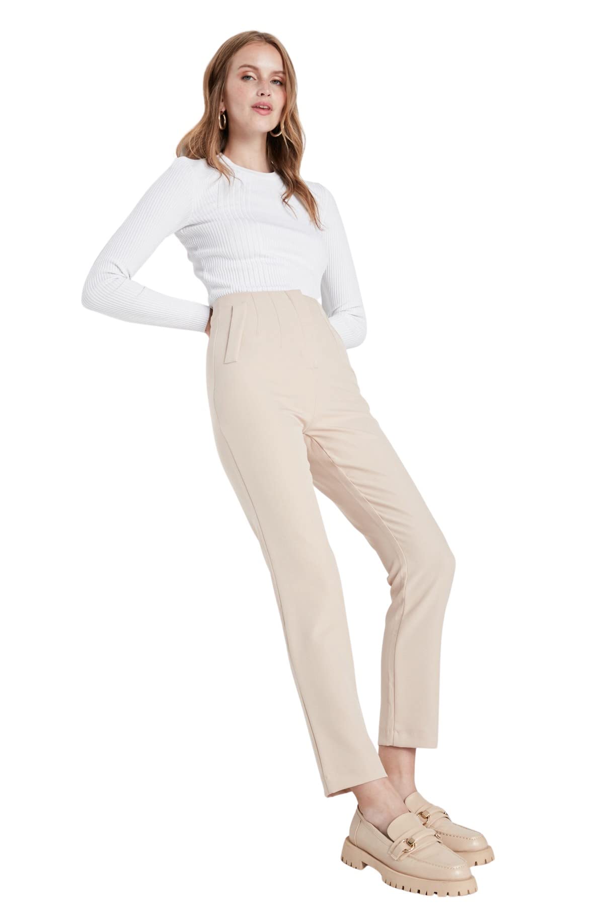 Trendyol Damen Beige High Waist Cigarette Pants Pants Pants Täglich, 42