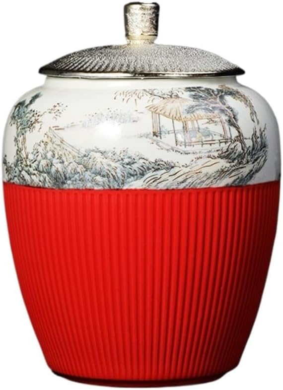 Jar Loose Tea Cans Ceramic Sealed Cans Large Retro Household Portable Red and Green Tea Cans Kitchen Food Storage Cans Tea Canister (A)