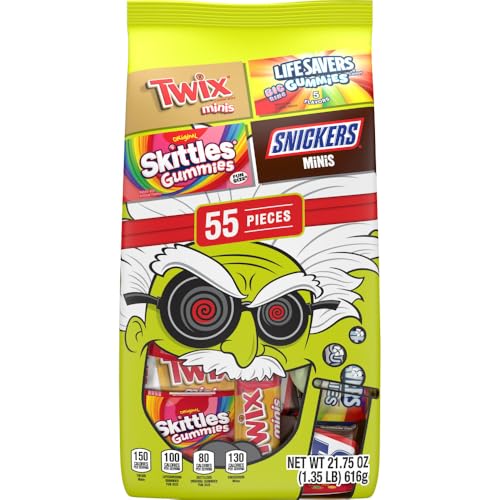 SNICKERS, SKITTLES Gummies, TWIX & LIFE SAVERS Gummies Fun Size and Mini Chocolate Candy Variety Pack, Halloween Candy, 55 Ct Bulk Bag