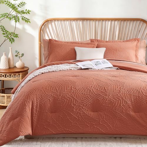 Geniospin Twin Comforter Set - 5 Pieces Burnt Orange Bedding Set, Botanical Textured Comforter Set, All Season Lightweight Bed in a Bag with Comforter, Sheets, Pillowcases & Shams