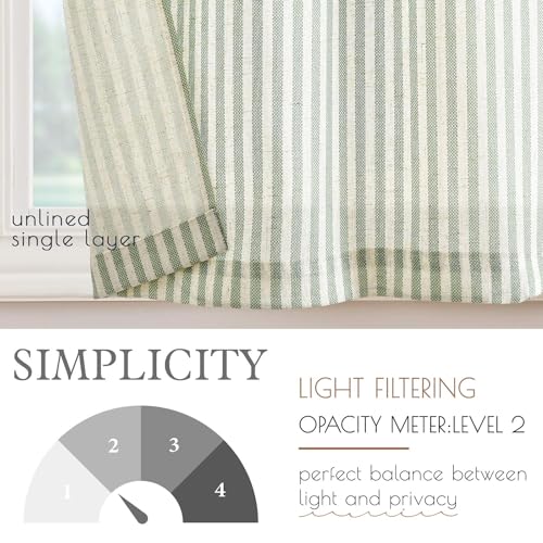 Lazzzy Kitchen Curtains - Linen Striped Green & Sage Tiers, 24 Inch Length, Rod Pocket, 2 Panels Set for Bathroom & Kitchen