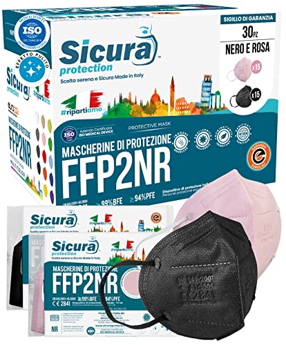 30 masques FFP2 certifiés CE de couleur ROSE et NOIR (15 + 15) SICURA Italia BFE ≥99% SANITIZÉ et scellé individuellement masques FFP2 certifié ISO 13485 et 9001 Cover