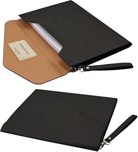 Miniatura 3 de Enyuwlcm Carpeta de cuero PU A4 para documentos, carpeta con estilo de cartera con correa y cierre magnético invisible (negro)
