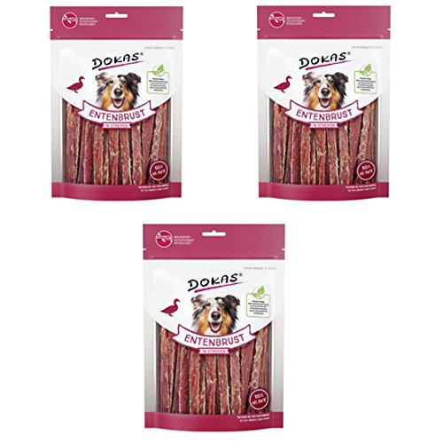 Dokas Snack di Petto d'Anatra a Strisce | Confezione Tripla | 3 x 250g | Snack da masticare per cani a base di petto d'anatra | Essiccato all'aria e povero di grassi | Per premiare i cani