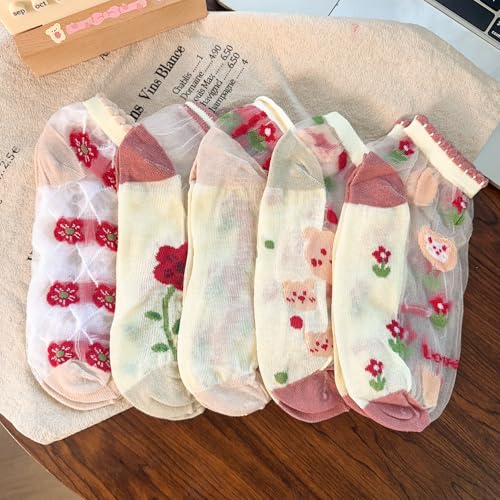 1pair Random Flower Pattern Crew Socks Fashionable Women Glass Fiber Comfortable Casual Sock Breathable Short Socks4