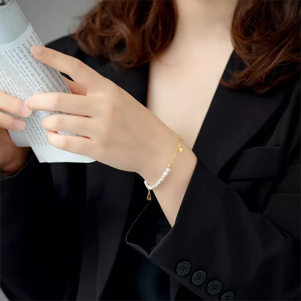 Pulsera o tobillo de plata de ley 925 chapada en oro de 18 quilates, con clip de papel delicado y perlas de agua dulce, cadena cubana o tobillo, 7 pulgadas + extensor de 1 pulgada, hipoalergénico, sin