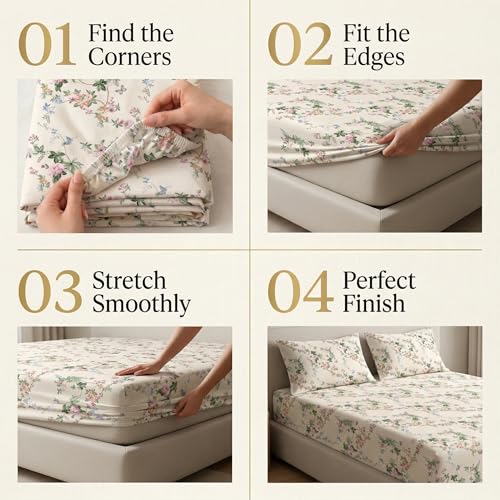 Image of VAS COLLECTIONS King Size Cotton Fitted Bedsheet (78 x 72 + 14 Inches) with Deep Pocket | 220 TC Soft Breathable Wrinkle Free Elastic Bed Sheet for King Mattress | (Floral)