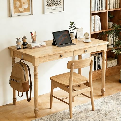 Image of 100% Solid Wooden Desk with Drawers - 47.2 inch Mid Century Modern Desk with 2 Hooks, Writing Desk with Drawers, Simple Work Study Table for Bedroom & Home Office - Natural Boho Desks