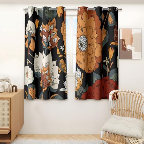 Image of Tyrot Black Boho Floral Grommet Blackout Curtains, 52W x 45L, 2 Panels