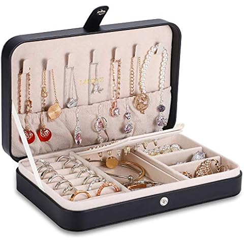LANDICI Small Jewellery Box Organiser for Women Girls, PU Leather Travel Jewelry Storage Case, Portable Jewellery Holder Tray for Ring Earrings Necklace Bracelet, Jewelry Gift Box Kids,Black Cover