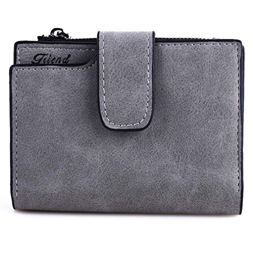 Women Short Purse Faux Leather Wallet Leaf Card Coin Holder Purses Buckle Zipper Clutch, Light Grey, One Size3