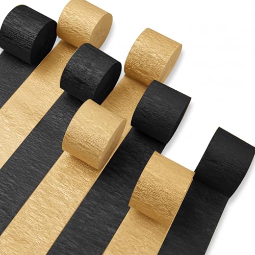 Image of PartyWoo Black and Gold Crepe Paper Streamers 8pcs 656ft Pack of Metallic Gold Black Crepe Paper Streamers for Graduation Retirement Engagement Wedding New Year Anniversary Birthday Party Decorations