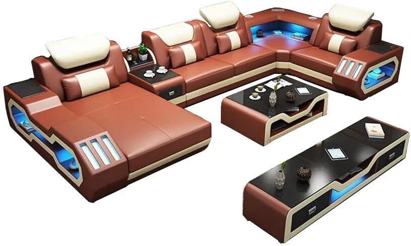 Generic Luxury Italian Leather U-Shaped Sofa with Bluetooth Speaker, USB, LED Light + Matching Coffee Table and TV Stand, Black/White, 161381933