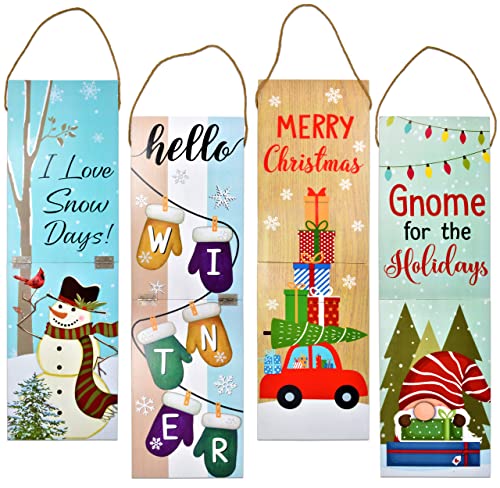 Christmas Wooden Welcome Sign Winter Vertical Porch Sign Set Of 2 Reversible Merry Xmas Hanging Signs Holiday Decorations For Front Door Wall Display Indoor Outdoor Party Supplies Decor 26 Inches Tall #TOP16