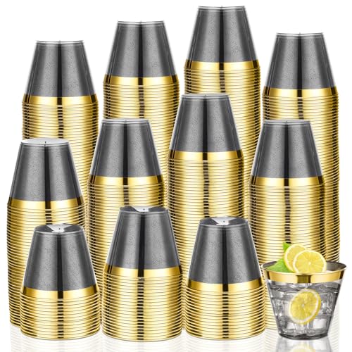 Tanlade 100 Pcs Glitter Plastic Cups 9 oz Gold Rimmed Disposable Cups Elegant Party Cups for Wedding Baby Shower Birthday Party Supplies(Black)