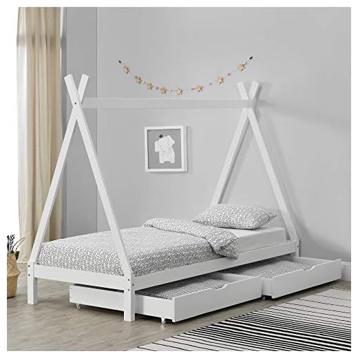 cama infantil tipo casa Cama para Niños de Madera Pino 90 x 200 cm con 2 Cajones para Almacenar en Diseño de Carpa Indio Cama Infantil Estructura Tipi Color Blanco