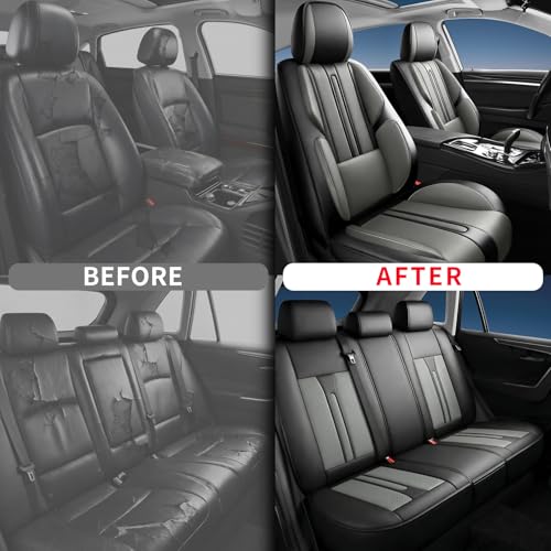 Image of Fit Terrain Car Seat Covers (5 Seats Full Set) Compatible with GMC Terrain 2010-2024 2025 2026 - Full Coverage Premium Breathable Leather,Airbag Compatible,Waterproof & All-Weather,Black-Grey
