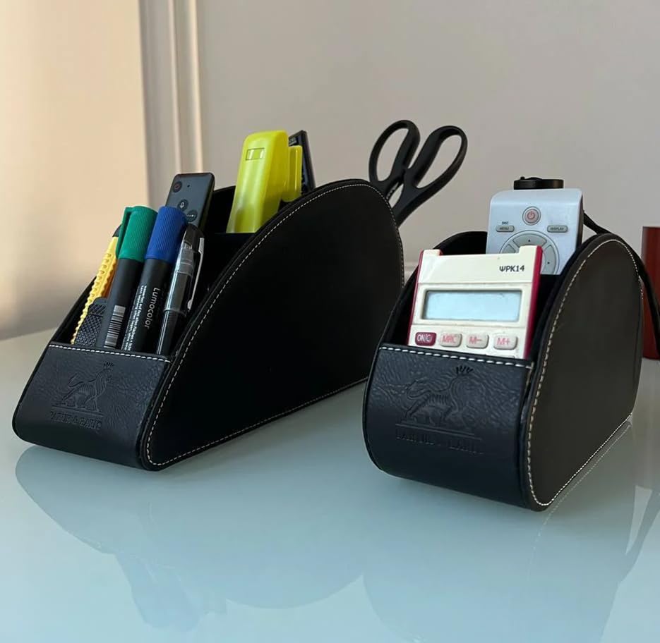 MAIL MORE Remote Control Holder with 5 Slots | PU Leather Desk Caddy & TV Remote Storage | Sofa & Armchair Organiser – Black (30cm x 10cm x 15cm (L x W x H))