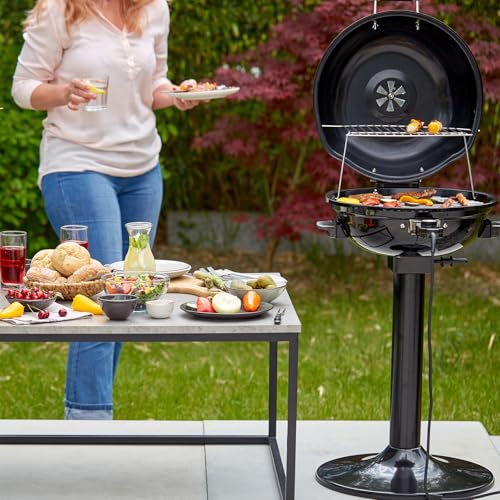 CUSIMAX Elektrogrill Standgrill mit Deckel und Standfuß, Regulierbare Temperatur und Fettauffangschale, 1600W Elektrischer Barbecue-Grill für Außennutzung, Balkon & Garten, Leichte Reinigung