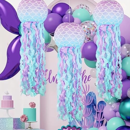 Image of Wanna Party Set of 3 Blue Pink Hanging Jellyfish Paper Lanterns - Under The Sea Party & Mermaid Birthday Decorations, Baby Shower, Nautical Events, Ocean Theme Classroom & Beach Room Decor