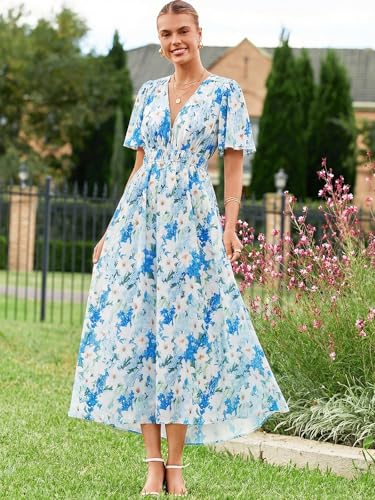 Image of Flessibili Womens Short Sleeve Floral Maxi Dresses 2026 Spring Wedding Guest Party Summer Dress Blue White Lily X-Large