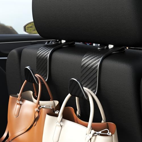 Image of 4-Pack Car Headrest Hooks Holds 55lbs Seat Storage Organizer for Bags | Durable ABS Material, 360 Rotating, Car Hanger for Backpack Umbrella Water Bottle Coat Handbags Groceries, Checkered Black