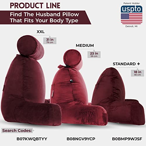 Image of Husband Pillow XXL Reading & Bed Rest Pillows - Premium Memory Foam Backrest Pillow with Arms & Neck Roll - Aspen Edition Arizona Maroon - Reversible 2 Sided Cover with Plush Microfiber and Suede