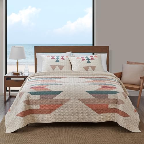 Image of PENDLETON Discontinured 24451 Palm Canyon Pieced Quilt Set Embroidered Cotton Machine Washable Blanket and Pillow Shams, King, Sandshell Multicolor