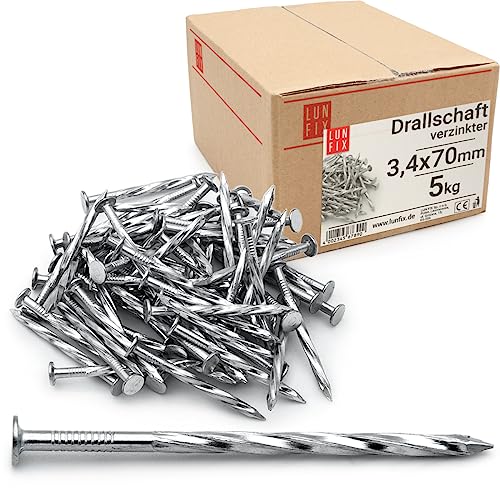 Clous torsadés 3.4x70mm 5kg 975 pcs. | Clou spiralé pour construction bois, toiture, palettes | Clou acier torsadé menuiserie | Clous galvanisés Lun Fix