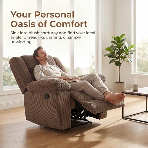 Image of Oversized Corduroy Recliner Chair, Manual Lazy Boy Recliner with Home Theater Seating, Breathable Living Room Reclining Chair for Adults Reading, Gaming, Relax, Brown