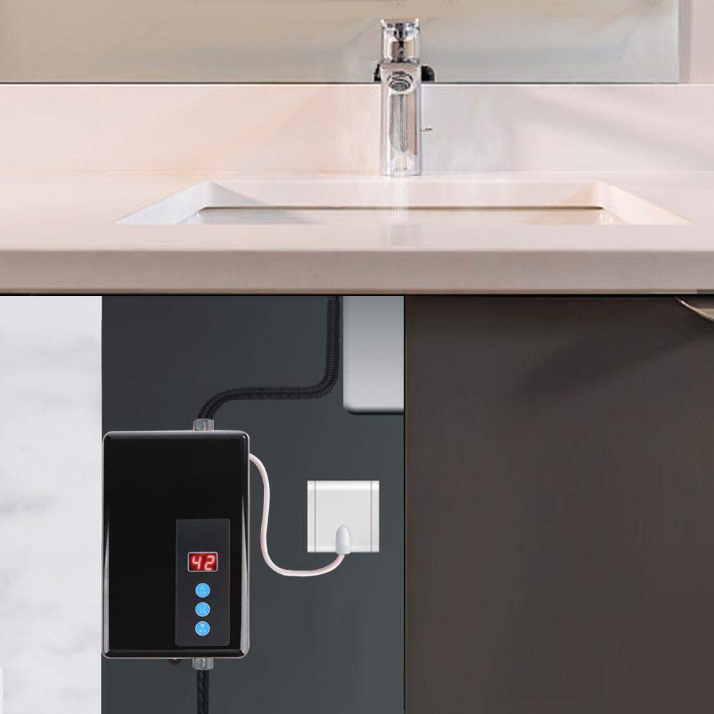 Natychmiastowy podgrzewacz wody, 5,5 kW przy 220 V, mini automatyczny podgrzewacz wody, zbiornik 3 sekundy, system ciepłej wody, zasilanie jednym przyciskiem (czarny)