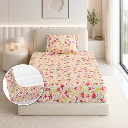 Image of Haus & Kinder Elastic Bedsheet Single Bed, 37 x 78 x 11 Inches Single Bedsheet Cotton Elastic Fitted with 1 Pillow Cover, Pure Cotton 186 TC, Breathable Wrinkel Free - Sunlit Blossom Meadow