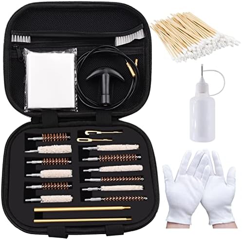Pistol Cleaning Kit Universal Gun Cleaning Handgun Kits 9mm.22 .357 .38/ .40 .45 Caliber with Bronze Bore Brush,Flexible Cable,Oil Applicator,Gloves,6 Inch Cotton Swabs,Cleaning Patches,Cotton mop
