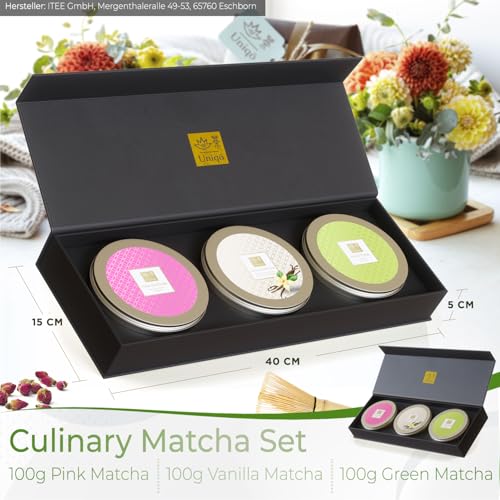 Tea Uniqo - Matcha Pulver Set mit Pink Matcha, Vanille Matcha und Matcha Pure | Tee Geschenkset mit Drachenfruchtpulver und Matcha Latte Pulver