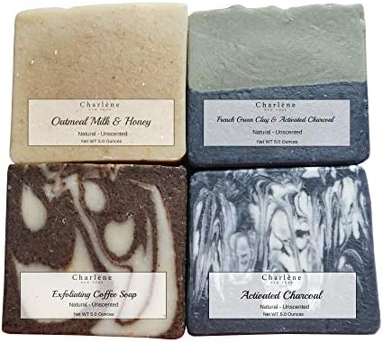 Charlene New York Assorted Handmade Soap - Cold Process Bars For Body & Face - Unscented - Made Using Organic Shea Butter, Natural Oils & Sustainable Ingredients For Men & Women 4 Pack 5 Oz Each