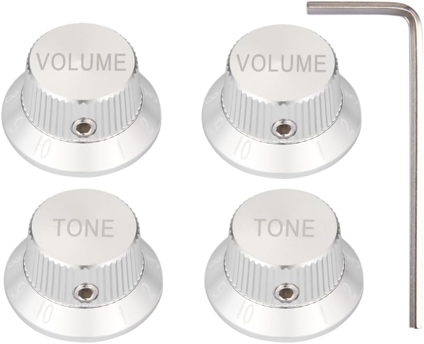 Dopro Set Screw 1/4" Universal Metal Guitar Bass Potentiometer Knobs Aluminium Volume/Tone Top Hat Bell Knobs for Strat/Ibanez/Yamaha/LP Les Paul 2V2T Silver