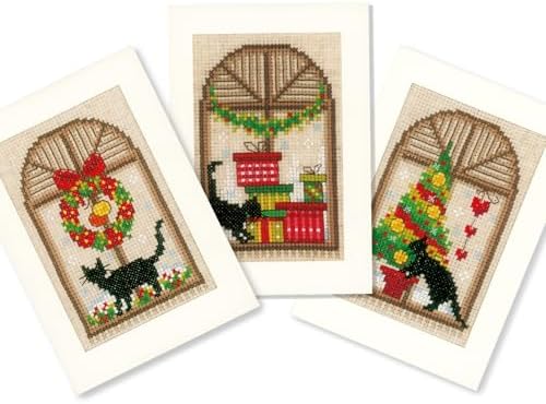 Vervaco Counted Cross Stitch Christmas Cards Kit Set of 3 Festive Feline Holiday Embroidery Kit for Beginners ca. 10,5 x 15 cm DIY Stationairy Set Gift for Crafters
