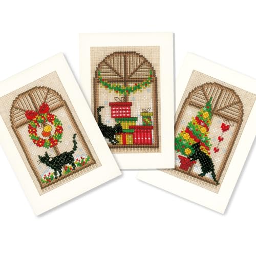 Vervaco Counted Cross Stitch Christmas Cards Kit Set of 3 Festive Feline Holiday Embroidery Kit for Beginners ca. 10,5 x 15 cm DIY Stationairy Set Gift for Crafters