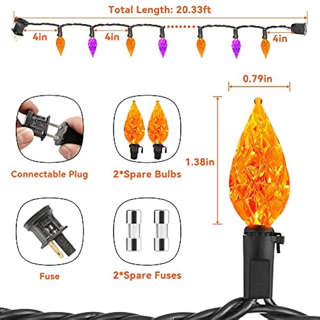 ODEETRONIC Orange Purple Halloween Lights, 19.68ft 60 LED Connectable Plugin Orange Lights, 120V UL Certified Waterproof Outdoor Purple String Light, Black Wire Indoor Light for Home Tree Decor