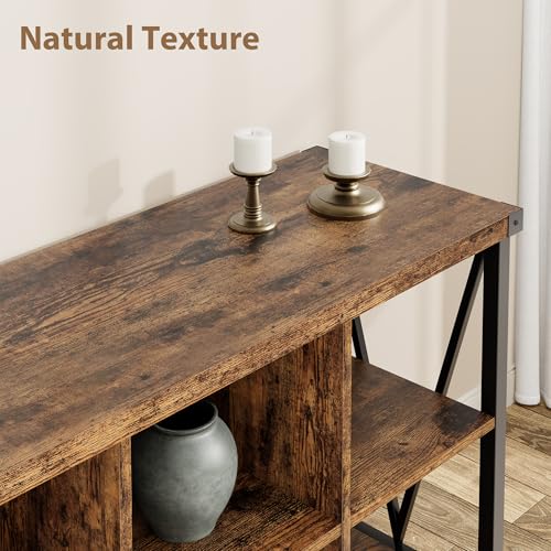 GarveeHome 8 Cube Storage Organizer Bookshelf, 3 Tier Metal Horizontal Bookcase, 62 Inch Console Bookshelf, Industrial Storage Bookcase for Entryway, Long Low Bookshelves for Living Room-Retro Brown