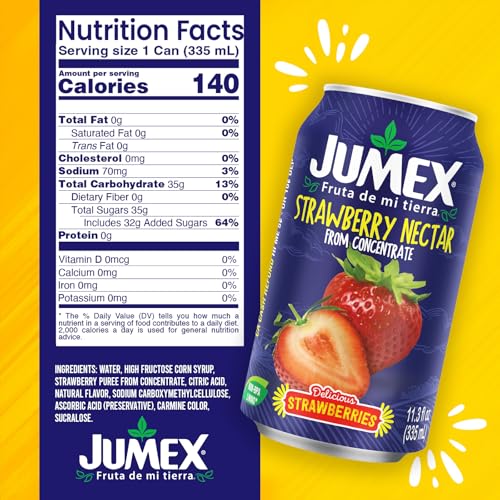 Image of Jumex Strawberry Juice Nectar - Made with Strawberry Puree - Fresh Fruit Puree & Fruit Juice Concentrate for Smoothie Mix, Cocktail Mixers & Kids Drinks & Beverages - 11.3oz, 24 Pack Canned Drinks