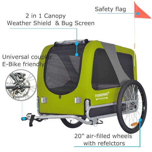 DOGGYHUT® Premium Large Hundefahrradanhänger bis 35 kg Hundeanhänger Fahrradanhänger für Hunde mittelgroße und große Hunde 80102 (GRÜN)
