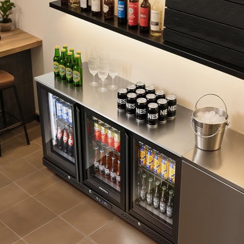 BODEGACOOLER Commercial Bar Cooler With 3 Glass Doors,12 Cu.Ft Counter Height Back Beverage Refrigerator,Display Bar Fridge with LED Lighting,Beverage Cooler for Beer Stainless Steel Top,With Casters on Fridge.com