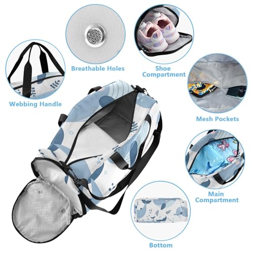 Duffle Bag Kids Gym Bag with Shoes Compartment & Wet Separation Overnight Travel Duffel Bag Painting Blue Whales for Girl Boy4