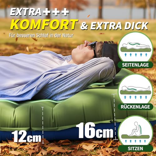 Myxslop Camping Isomatte ,12CM Verdicktes Luftmatratze Camping, Aufblasbare Matratze mit Fußpumpe & Kissen, Ultraleichte Schlafmatte Outdoor für Wandern, Strand, Reise, Zelt