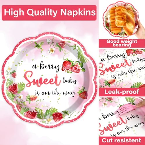 Image of Qyeahkj 100 Pcs Strawberry Baby Shower Party Plates Napkins Forks Supplies Set Sweet Berry Tableware Party Supplies A Berry Sweet Baby Is On The Way Strawberry Dinnerware Decorations Favors Serve 25