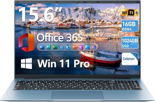 SGIN Ordinateur portable Windows 11 de 15,6", 16 Go de RAM 1024 Go SSD, ordinateur portable Celeron N5100 Quad-Core, angle ouvert de 180°, 7000 mAh, Type-C, HDMI, pour les entreprises et les étudiants